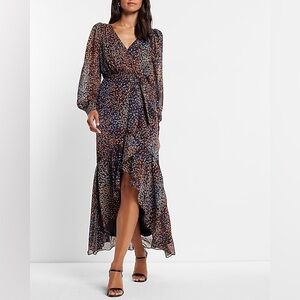 EXPRESS Metallic Printed Faux Wrap Ruffle Hi-Lo Maxi Dress Size Small